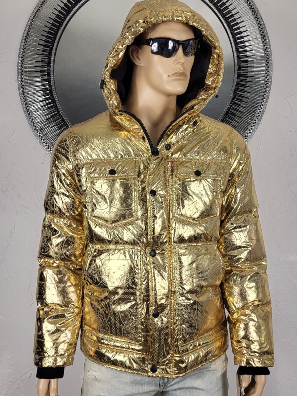 NWT~$225~LEVIS~SZ S~MENS GOLD METALLIC PUFFER BOMBER JACKET HOODED COAT POCKETS - Picture 9 of 16